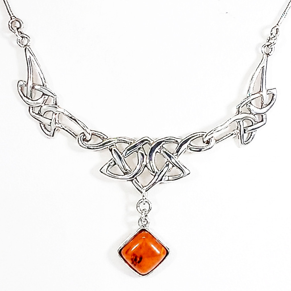 Vintage 925 Sterling Silver Honey Baltic Amber Infinity Knot Celtic Necklace