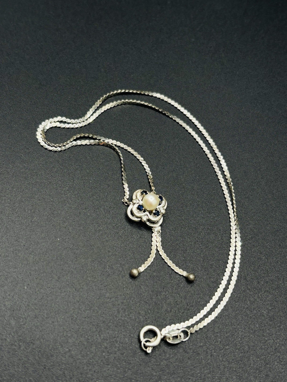 Vintage 835 German Silver Genuine Sapphire & Pearl Pendant Necklace 16.5”