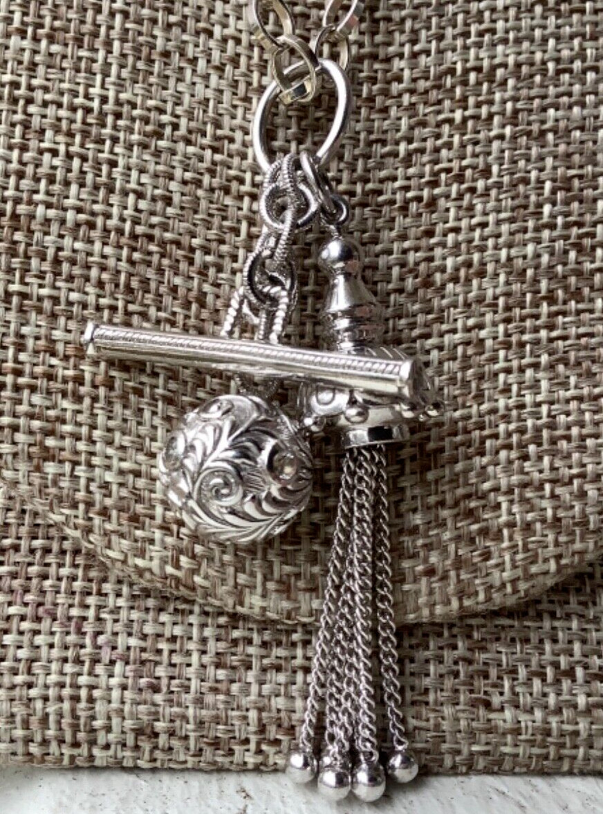 NEW MONICA RICH KOSANN Sterling Silver Long Necklace Sapphire Tassel Toggle
