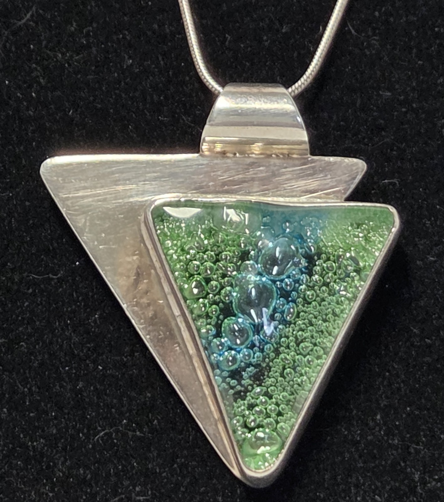 Dichroic Glass Sterling Silver Triangle Pendant Necklace 18″ Green Blue Bubbles