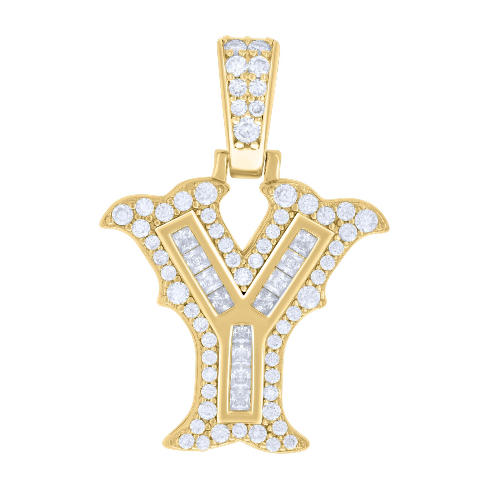 Yellow Gold Plated Princess Moissanite Block Letter Y Initial Pendant 0.76 CT