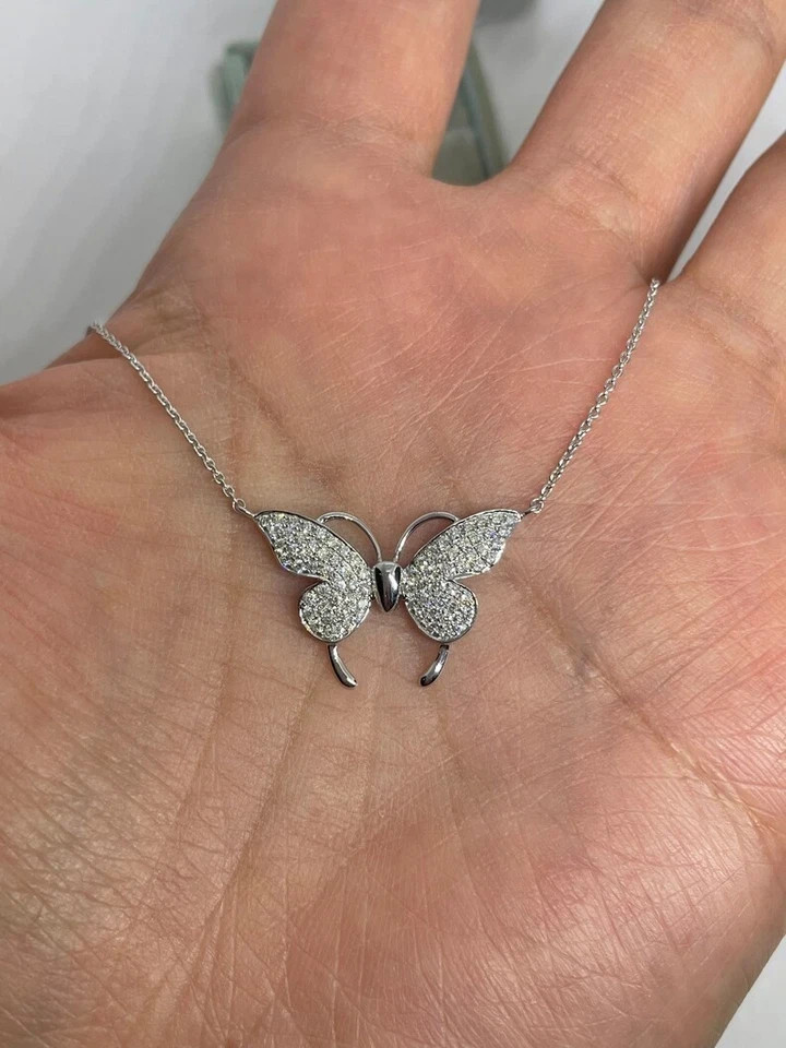 2Ct Real Moissanite Womens Butterfly Pendant 14K White Gold Plated