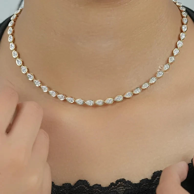 15.00 Ctw Pear Lab Created Diamond Bezel Tennis Necklace 14k Yellow Gold Plated