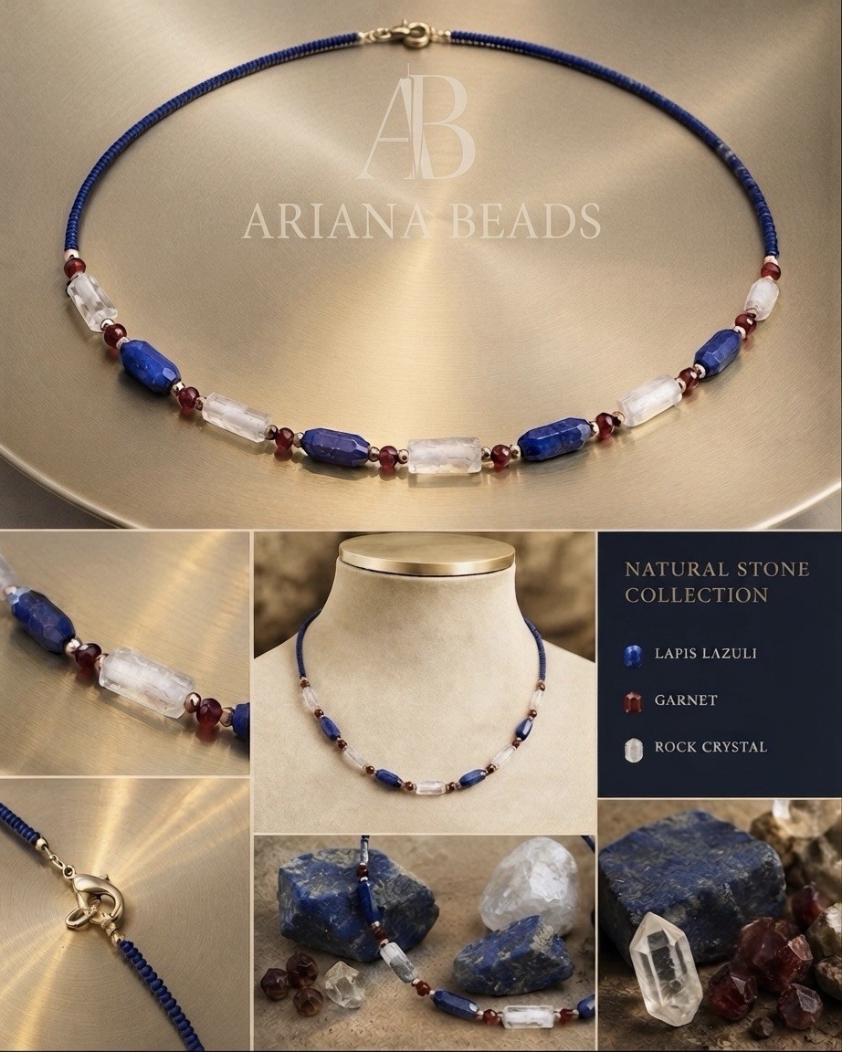 Ariana Beads Lapis Lazuli Garnet Necklace Copper Gold Plated Natural Stone