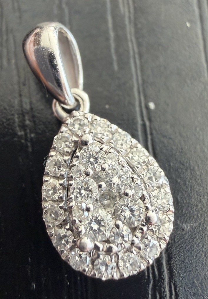 14k solid white gold, 23 Tiny genuine diamond cluster Tear Drop pendant Charm.