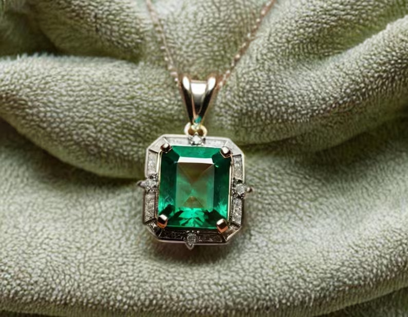 4.80Ct Emerald cut Natural Emerald & Diamond 14K White Gold Luxury Pendant