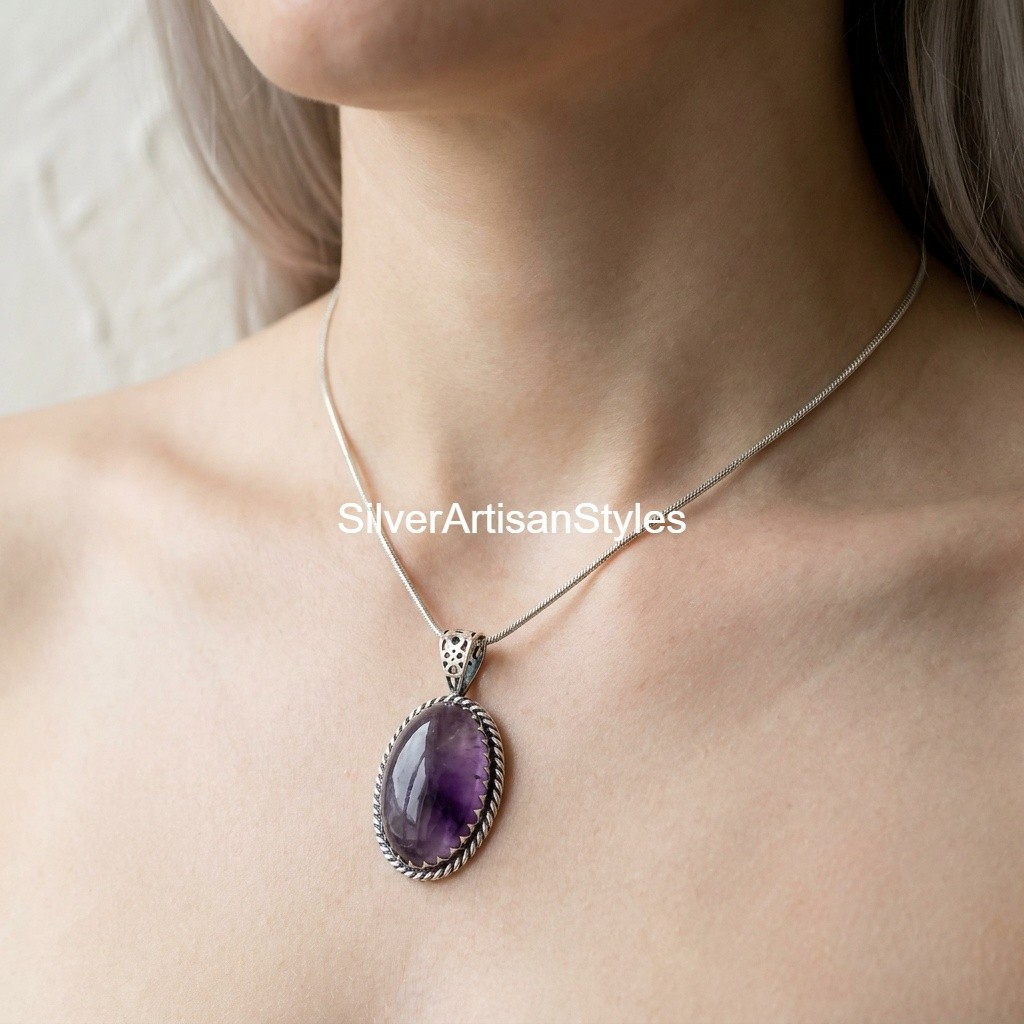 Natural Amethyst Gemstone Handmade 925 Sterling Silver Jewelry Pendant For Gift