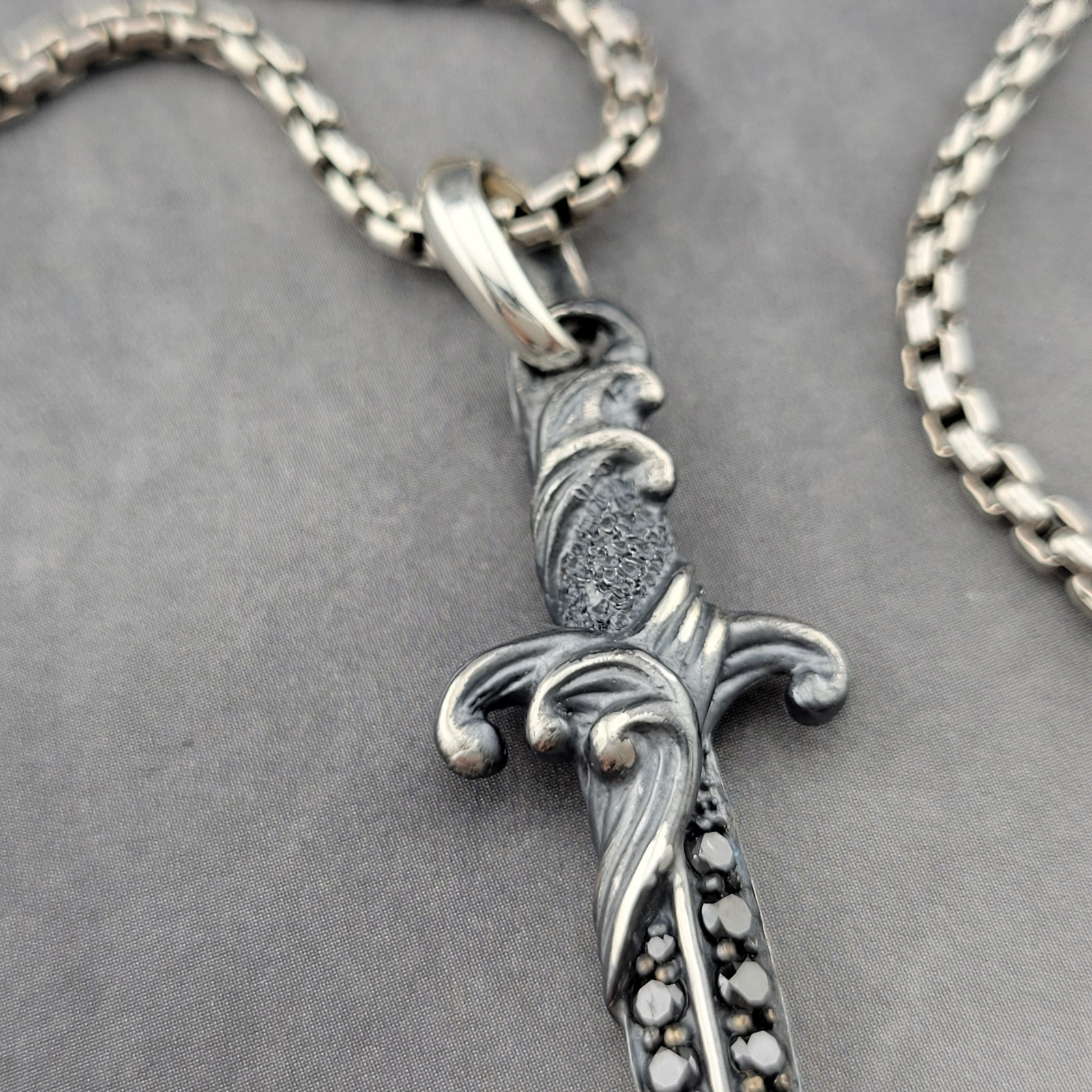 David Yurman Sterling Silver & Black Diamond Wave Dagger Pendant w/ 20 in Chain