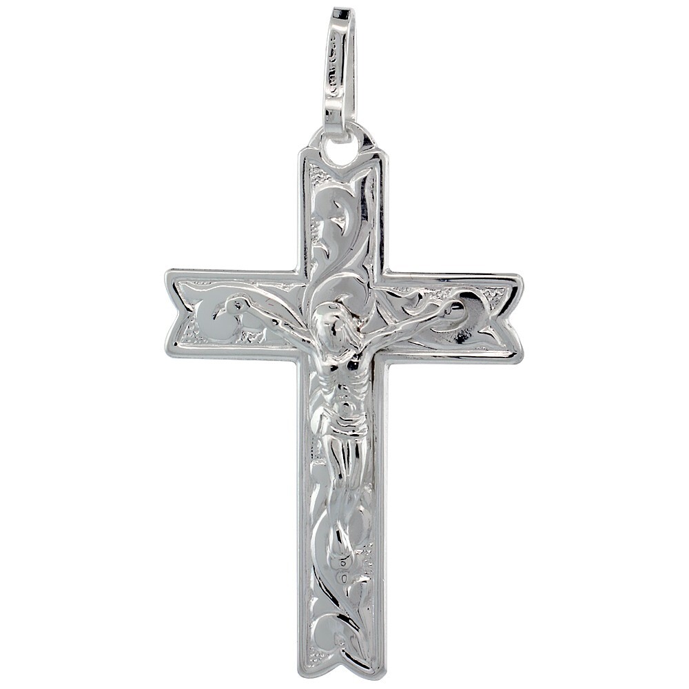 925 Sterling Silver Floral Vine Crucifix Cross Pendant 1 1/2 Inch (38mm) Tall