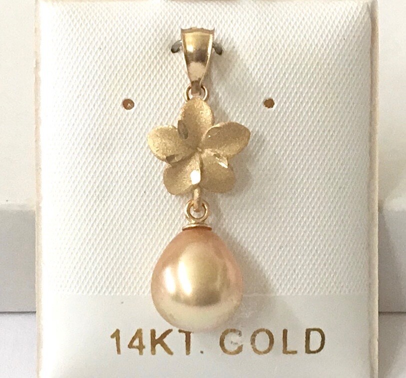 14K Gold Genuine Golden South Sea Pearl Hawaiian Plumeria Flower Pendants NEW