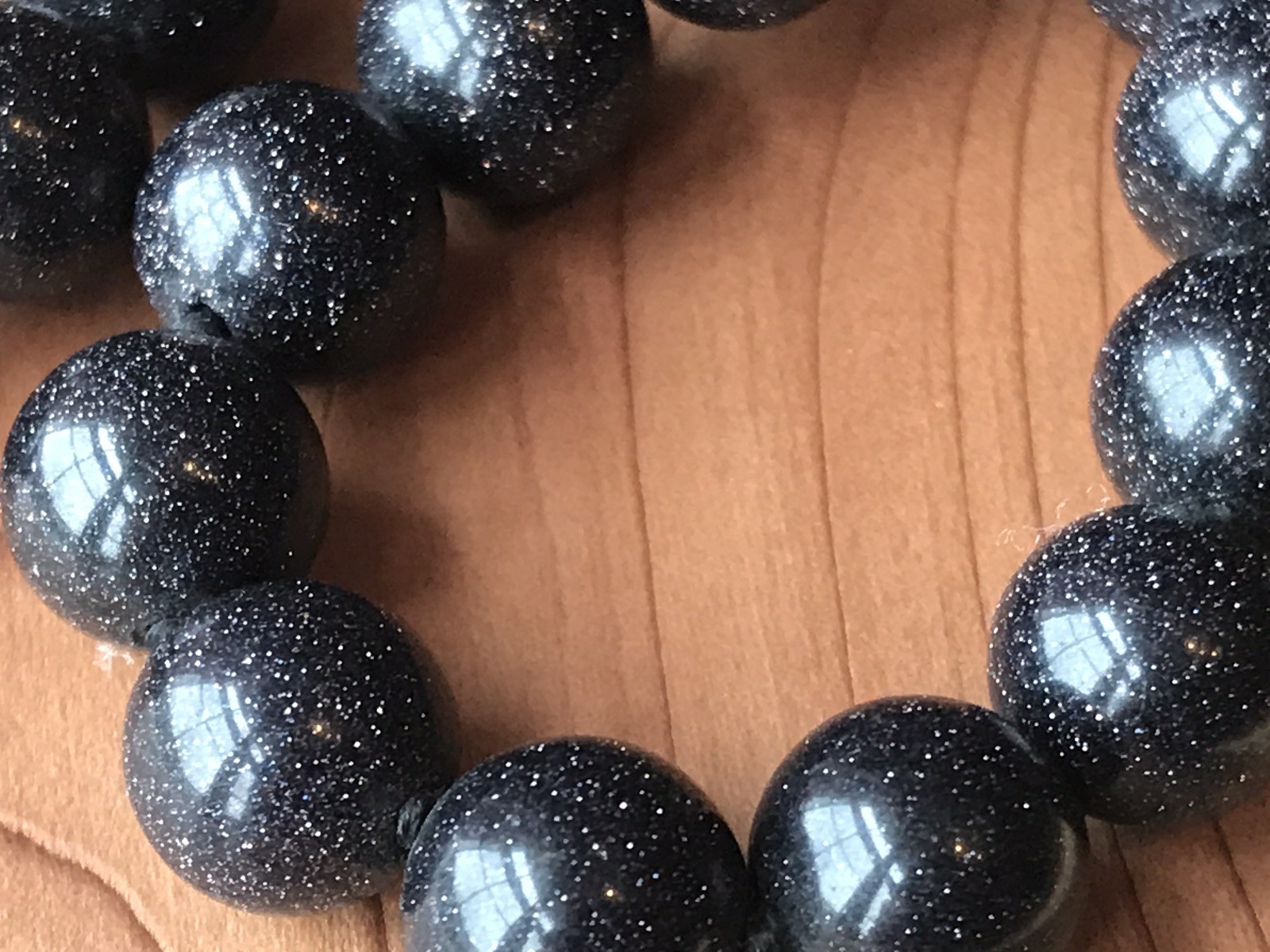 VINTAGE BLUE GOLD SAND STONE 8mm WIDE BEADED NECKLACE 17” INCHES, HOOK CLASP