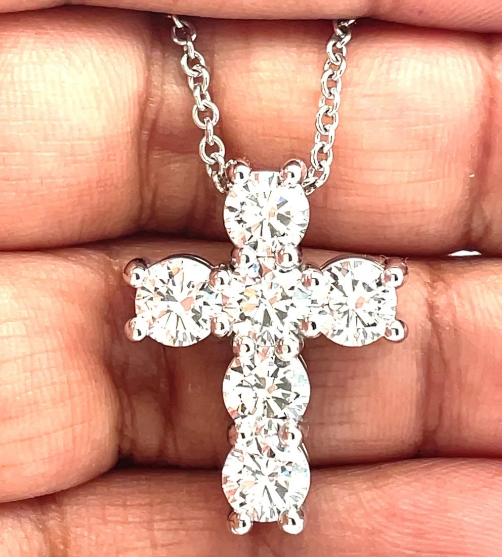 Round Cut Lab Grown Diamond Women’s Cross Pendant GDGL Certified 14k White Gold