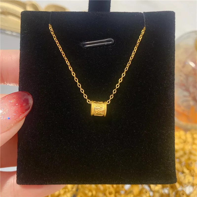 1pcs Pure 999 24K Yellow Gold Women 3D Lucky Six Words Long Tube Bead Pendant
