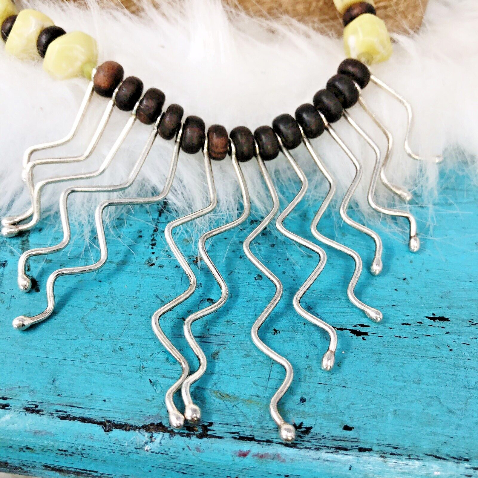 Vintage Tribal Jade Wood Wavy Sterling Silver Asymmetrical Dangles Necklace 18″
