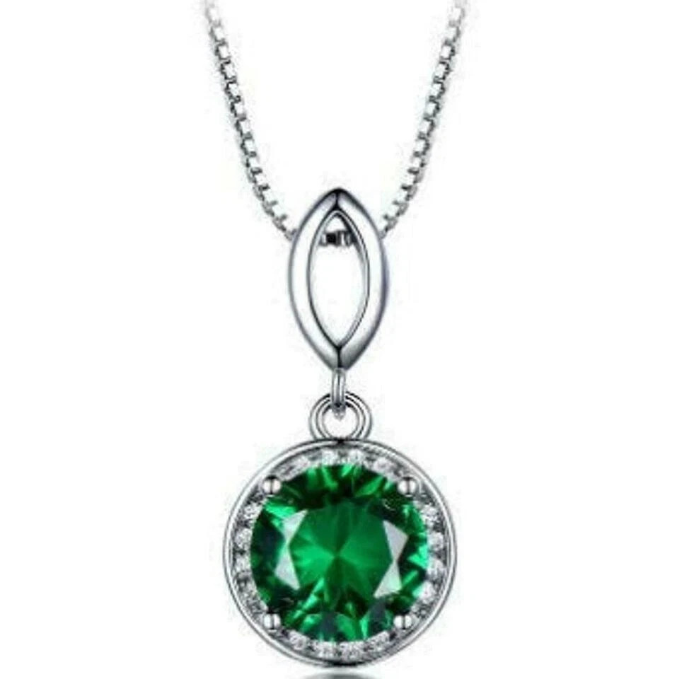 2Ct Round Cut Green Emerald Diamond Halo Pendant 14K White Gold Over Free Chain