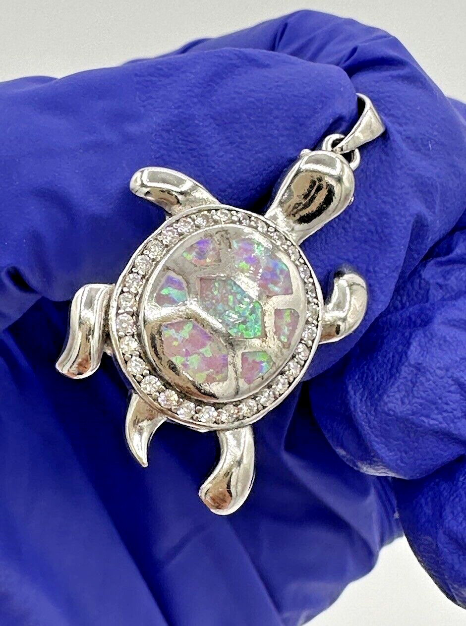 NEW Sterling Silver 925 Female Multicolor Opal Cute Sea Turtle Pendant 1.4”