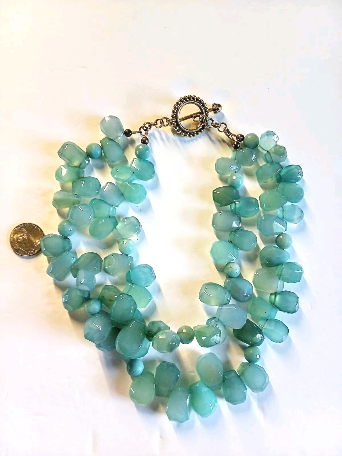 Green & Blue Chalcedony/Green Round Beads 2 Strand Toggle Necklace