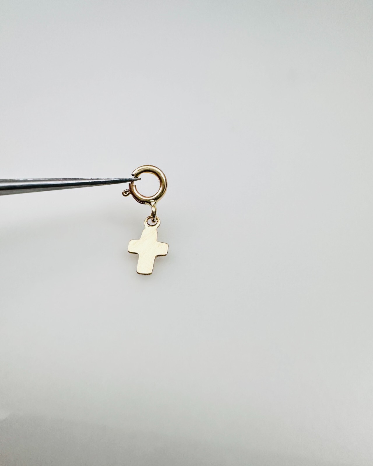 14K Solid Yellow Gold Teeny Tiny Cross Charm Pendant w/Spring Clasp