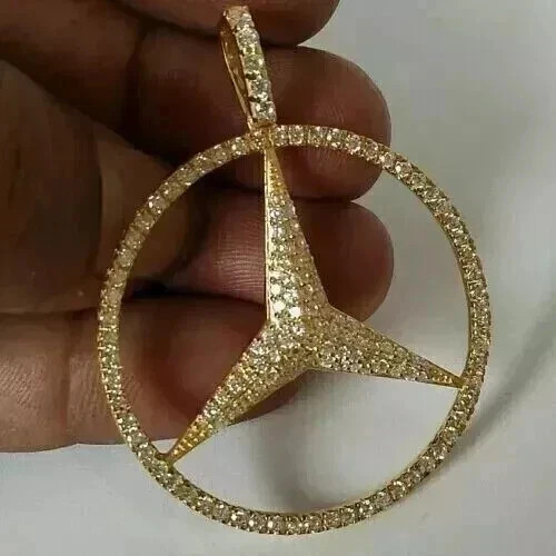 2..Ct Round Cut Lab-Created Diamond Halo Mercedes Pendant 14k Yellow Gold Plated