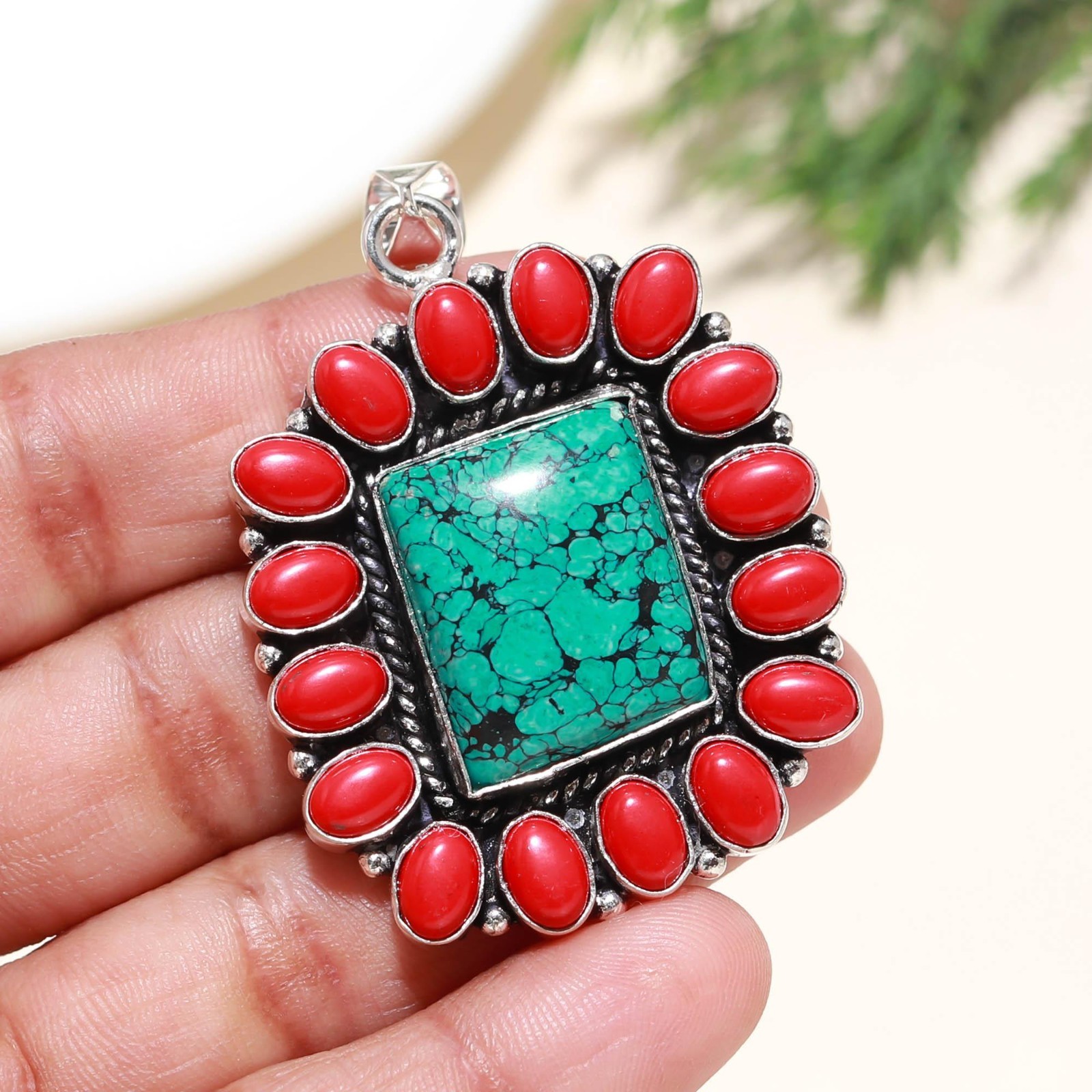 Turquoise & Red Coral Gemstone Handmade 925 Sterling Silver Pendant