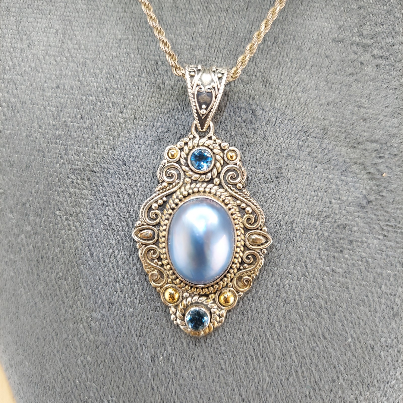 Vintage Balinese Sterling and 18k Pendant with London Blue Topaz and Blue Pearl