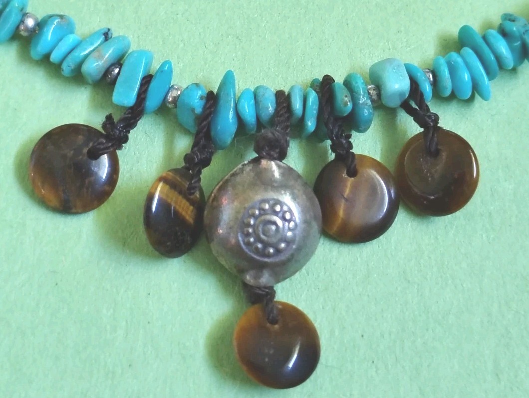 PEYOTE BIRD Signed 925 TURQUOISE, Tiger’s Eye & Quartz Beaded Choker Necklace