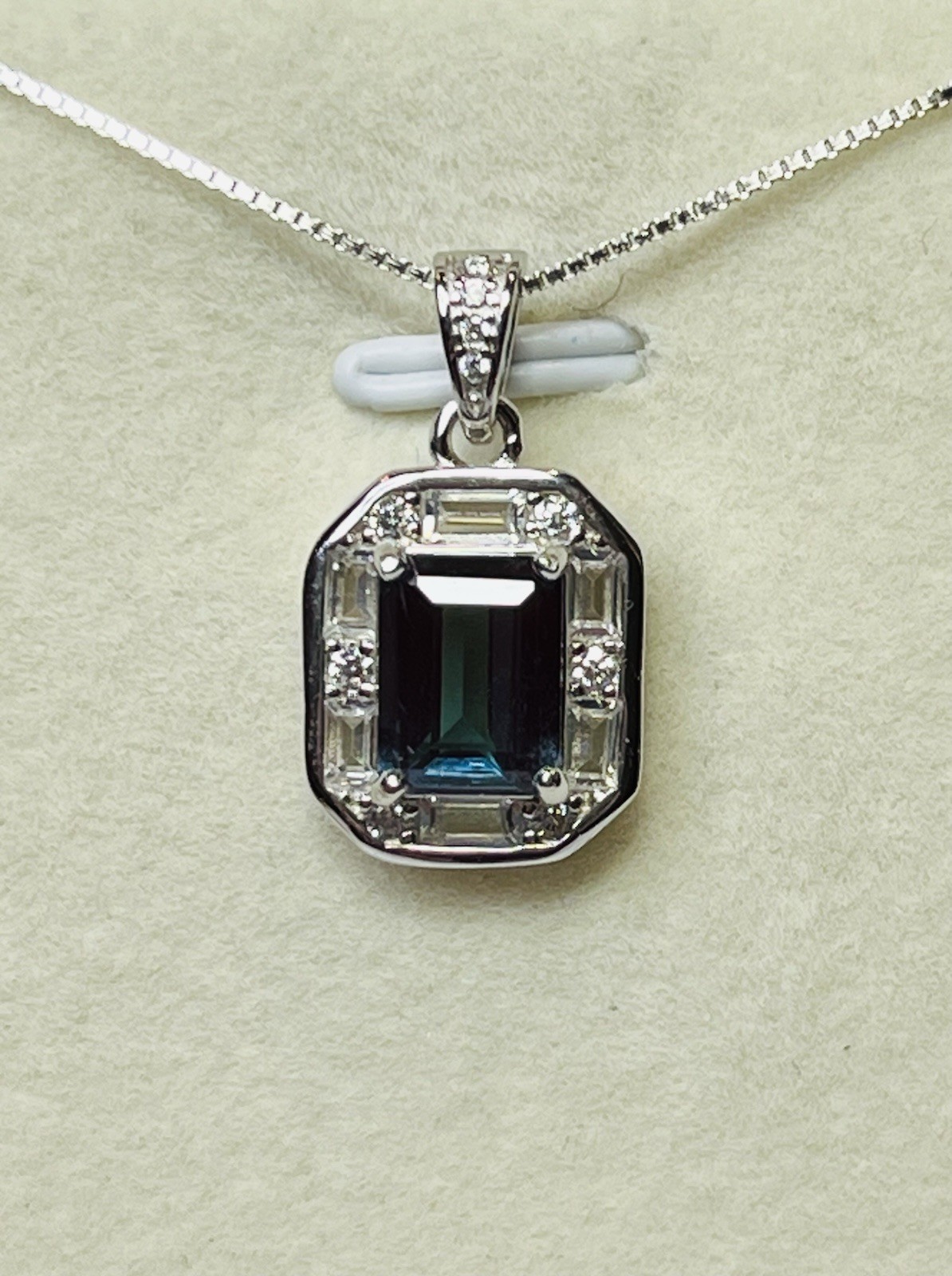 925 Sterling Silver Emerald Cut Blue Lab Created Alexandrite Pendant Necklace