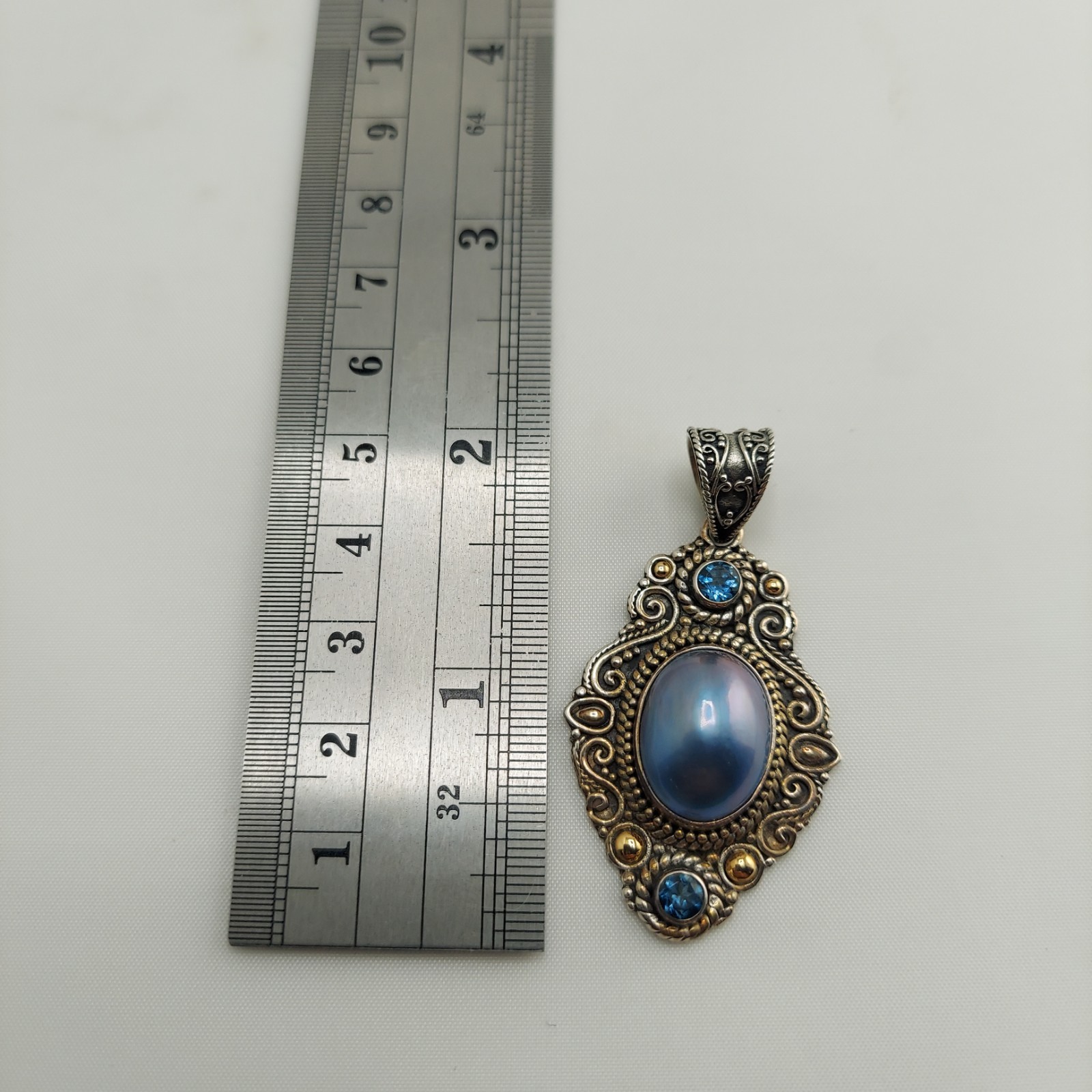 Vintage Balinese Sterling and 18k Pendant with London Blue Topaz and Blue Pearl