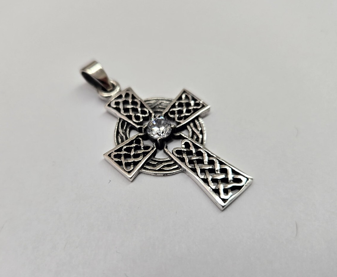 925 Sterling Silver Large Celtic Cross with CZ Pendant 1 1/2 (38mm) Inch Tall