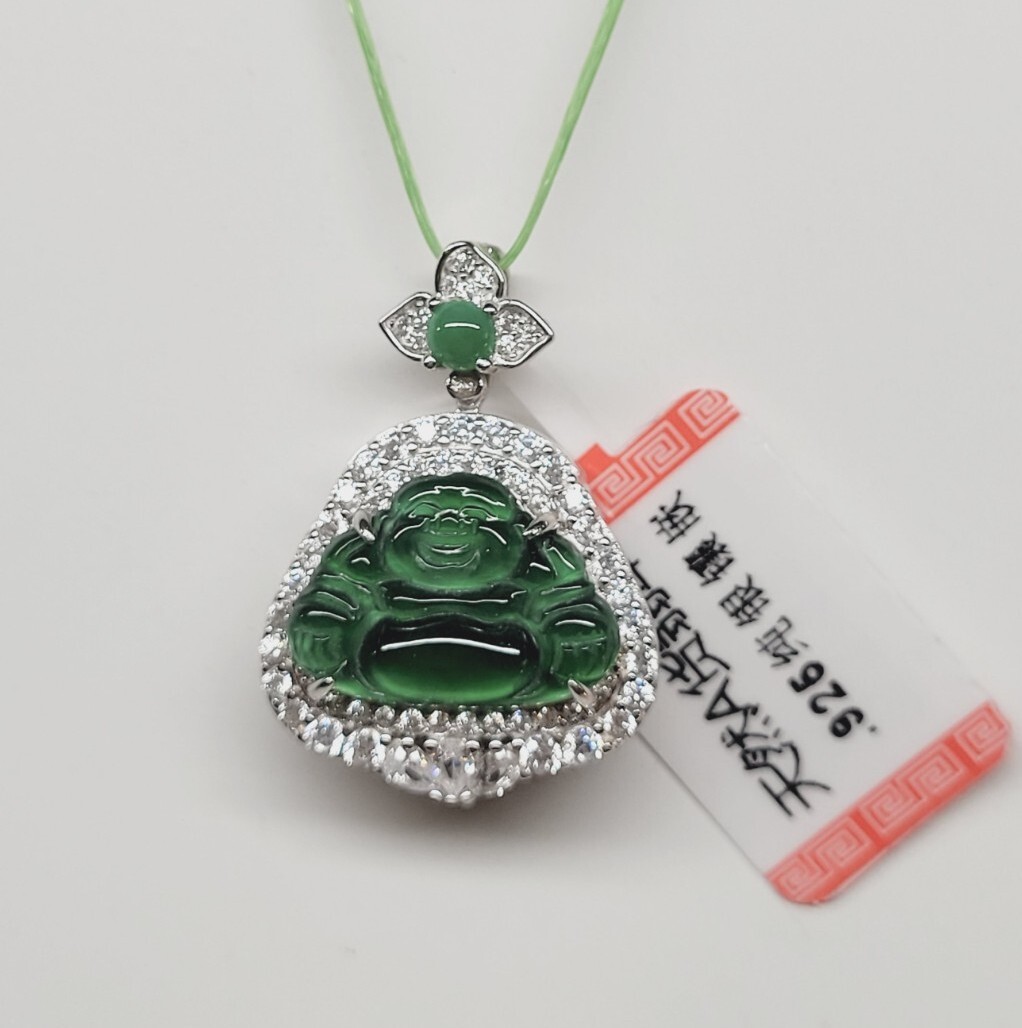 Certified Green Jade Buddha silver pendant inlaid Icy light green Buddha 满绿翡翠开心佛