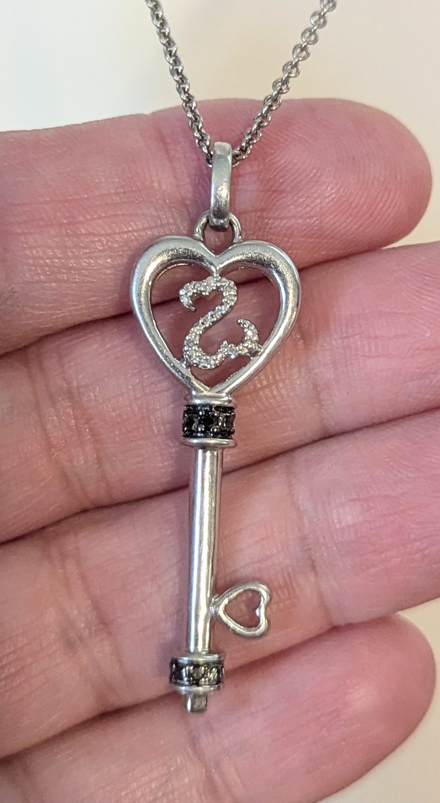 Sterling Silver Open Heart Black White Pave Diamond Key Necklace 20″