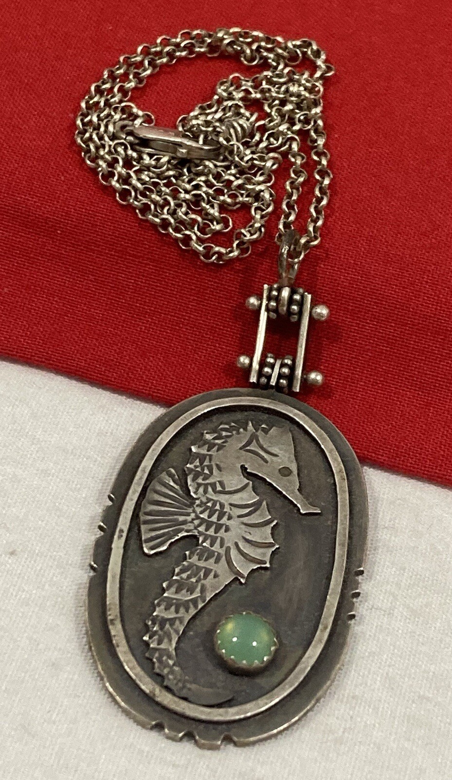Vintage DELIA STONE Sterling Silver 925 SEAHORSE MEDALLION Pendant Necklace 17″