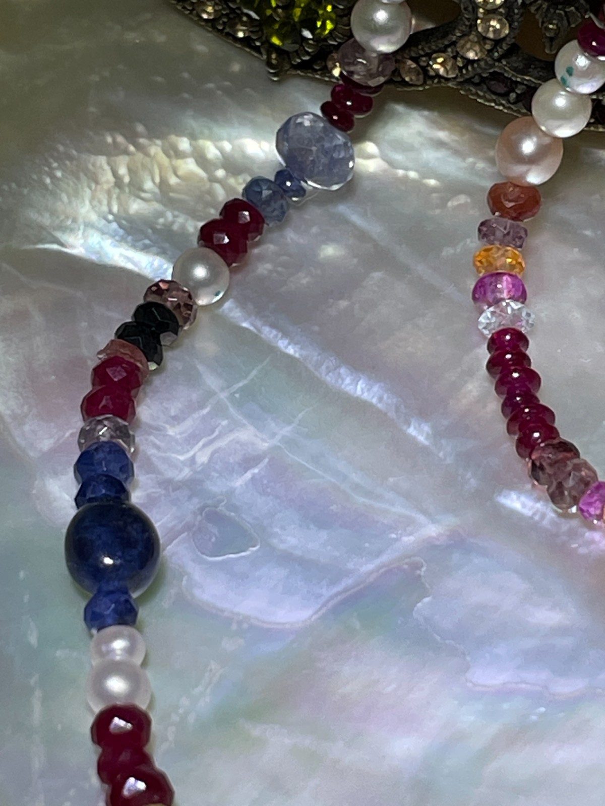 .925 Sterling Silver Ruby, Sapphire, & Gemstone Bead Necklace