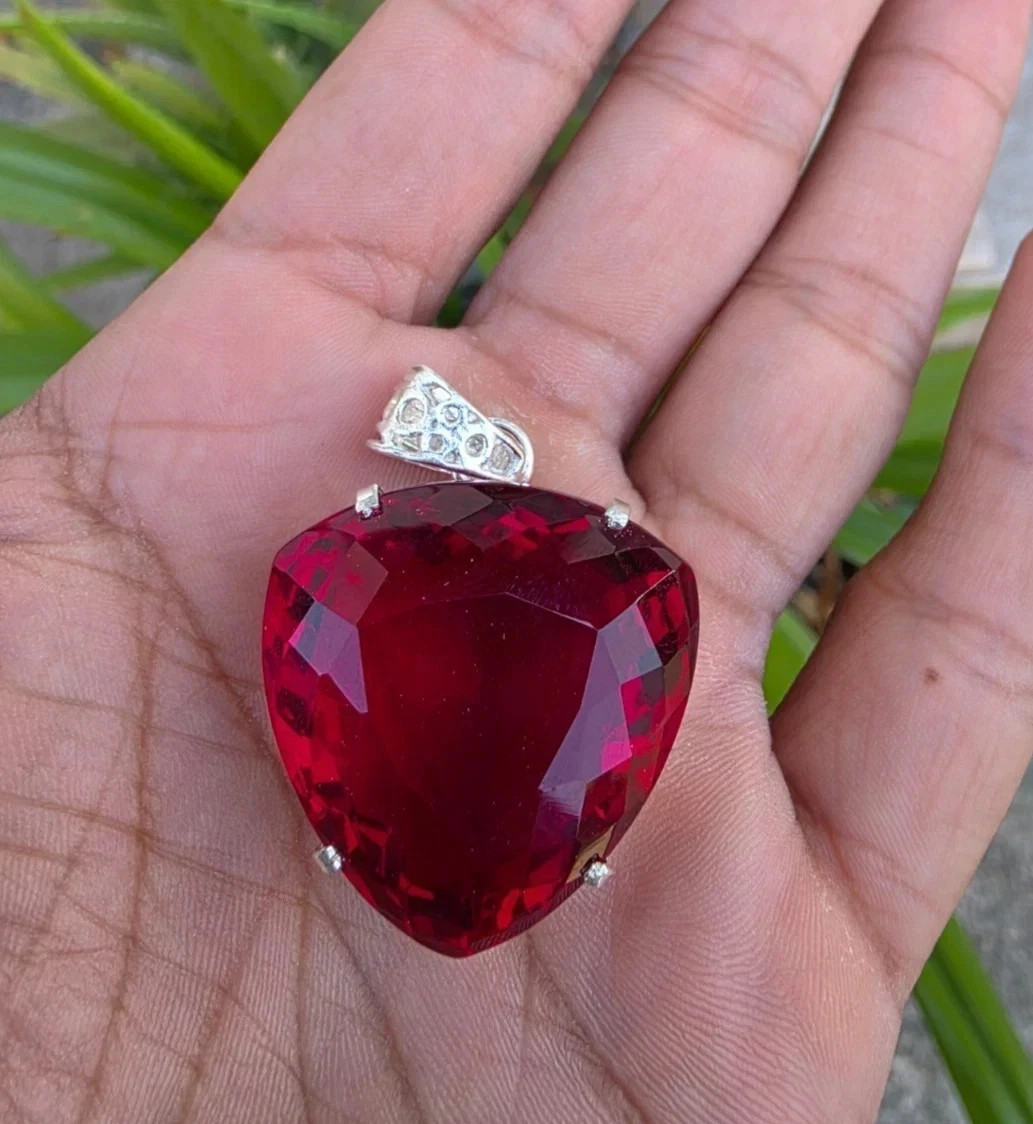 Natural 22 Ct Red Ruby Trillion Certified Loose Gemstone 925Solid Silver Pendant