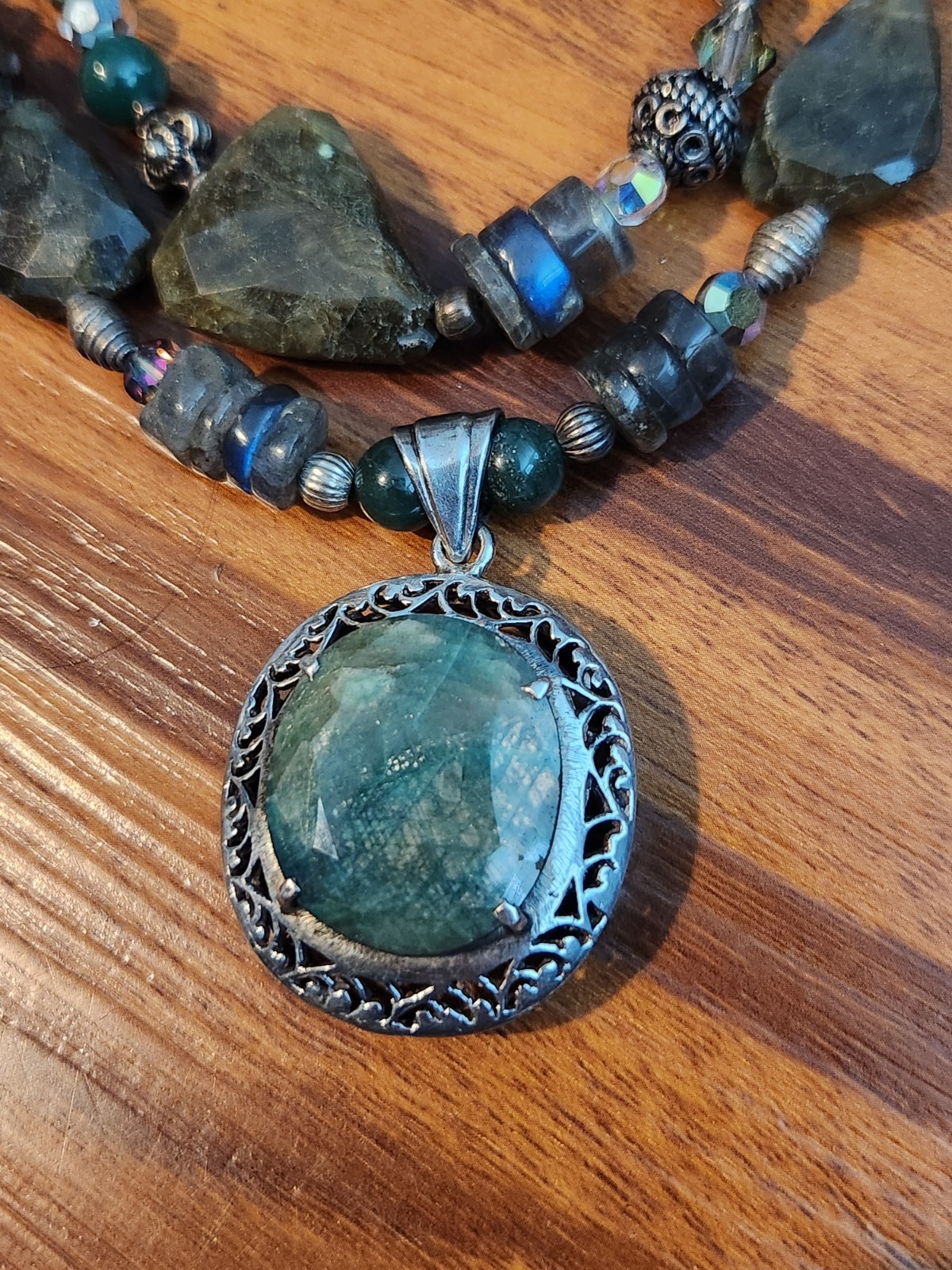 Hand Cut Rock Crystal Smoky Green Blue Quartz Necklace Sterling 925 Classy Beads