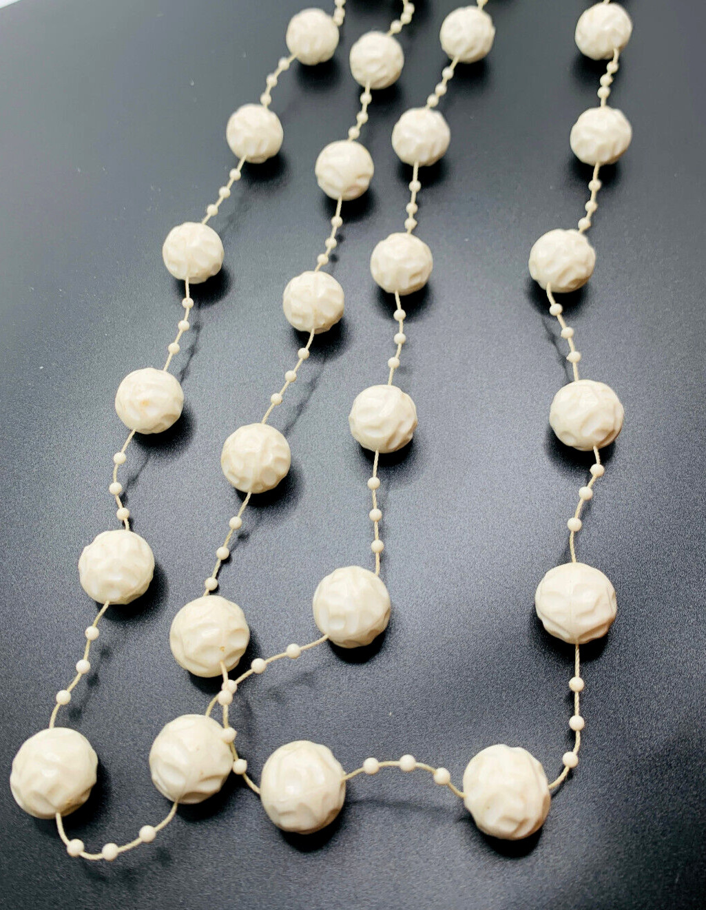 Unique Vtg 1960s 2 Strand Cream Old Plastic Textured Bead Station Necklace