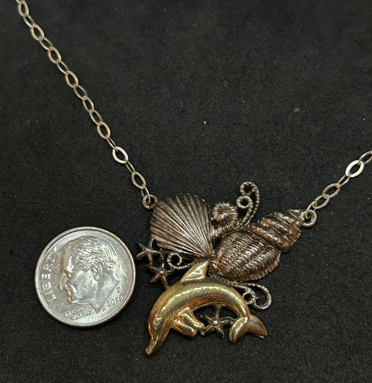 925 Sterling 14K Dolphin Seashell 1in Pendant Necklace 2.2mm 19in – 7.0g