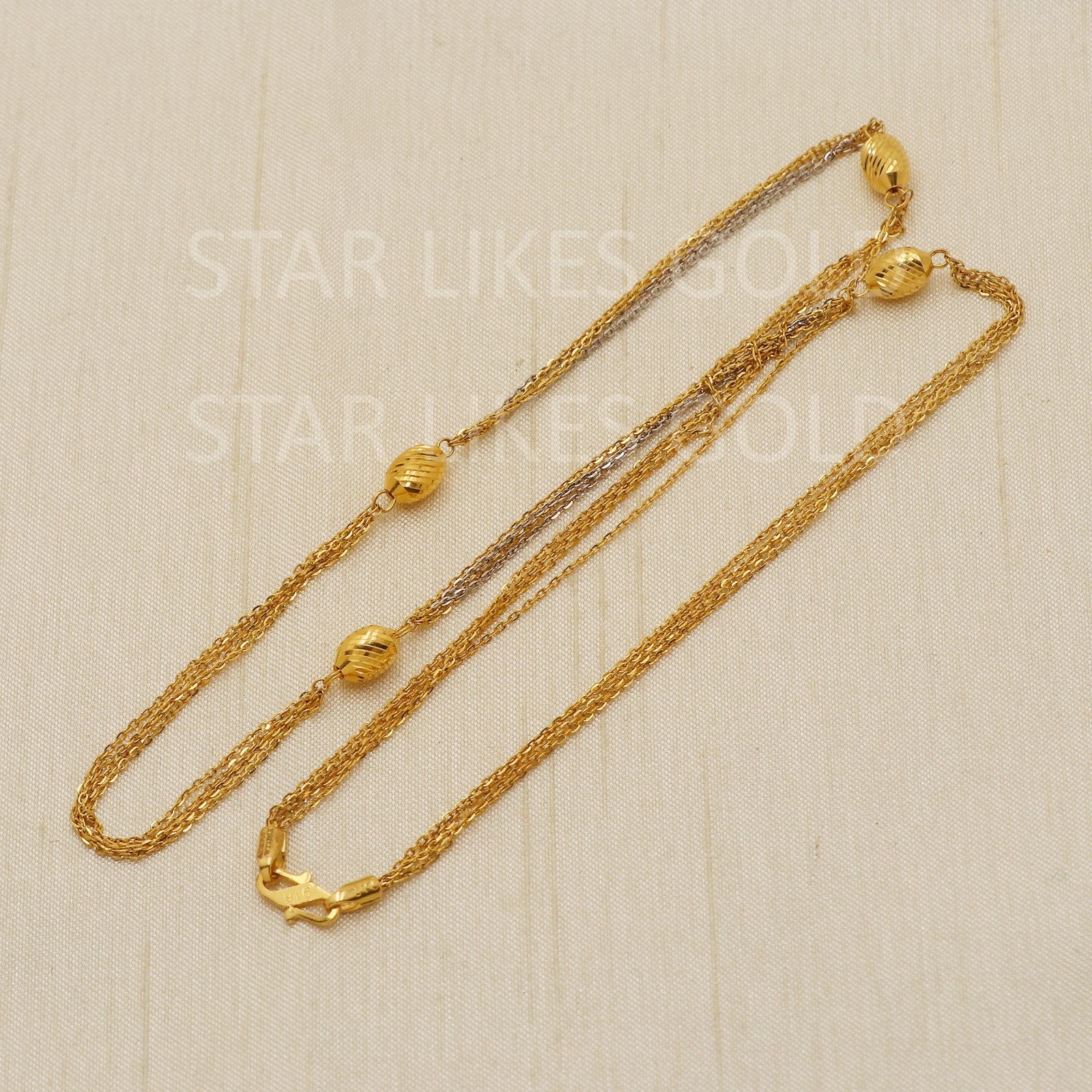 22K Yellow Gold Two Tone Station Chain 17.5″ 6.32g 4.5mm Multi Strand Necklace