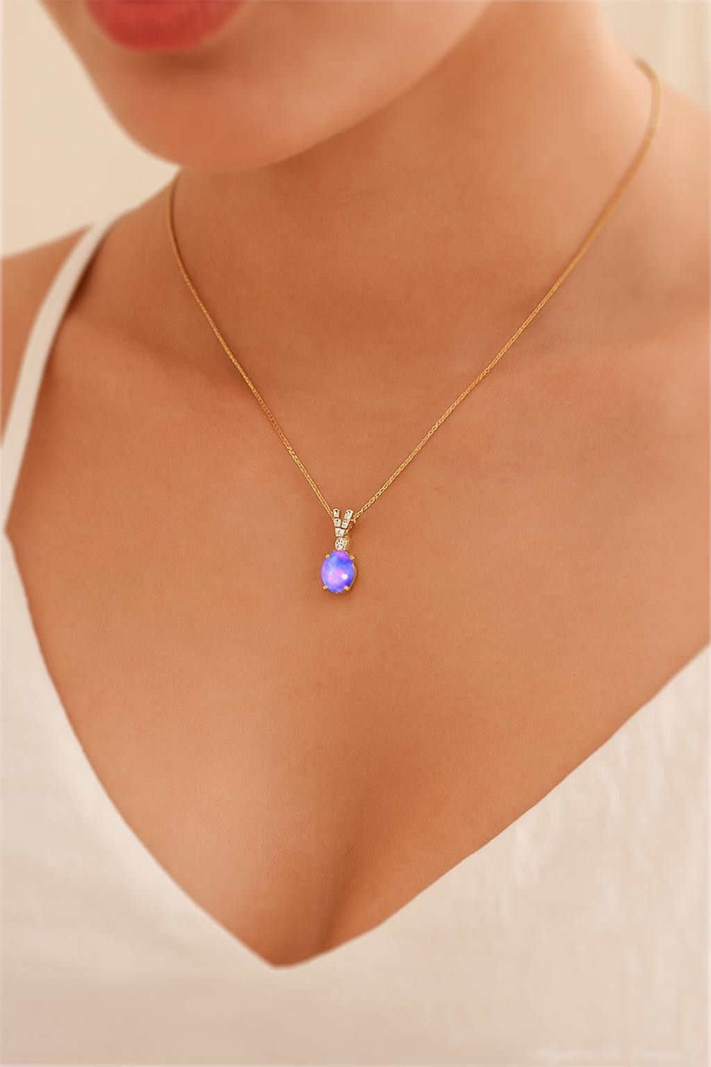 AAA Lavender Opal Gemstone Oval Charm Pendant Necklace, Multifire Opal Gemstone