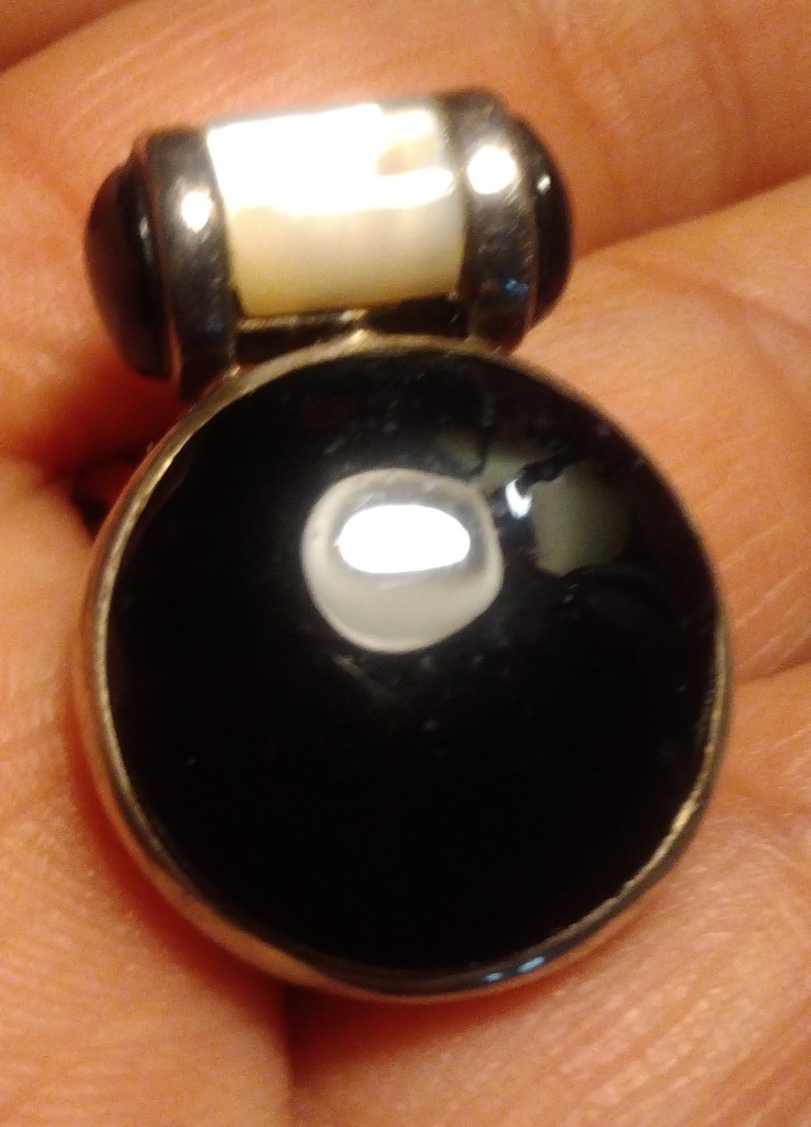 925 STERLING SILVER ONYX NECKLACE Pendant Mother Pearl MOP THAI Vtg Round Thick