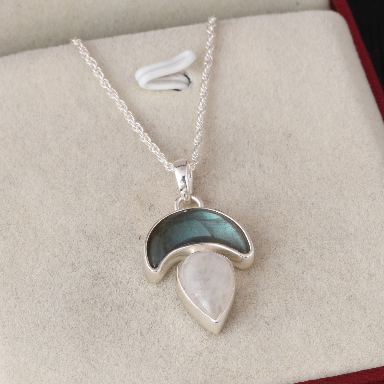 925 Sterling Silver Labradorite & Moonstone Necklace Crescent Jewelry for Gift