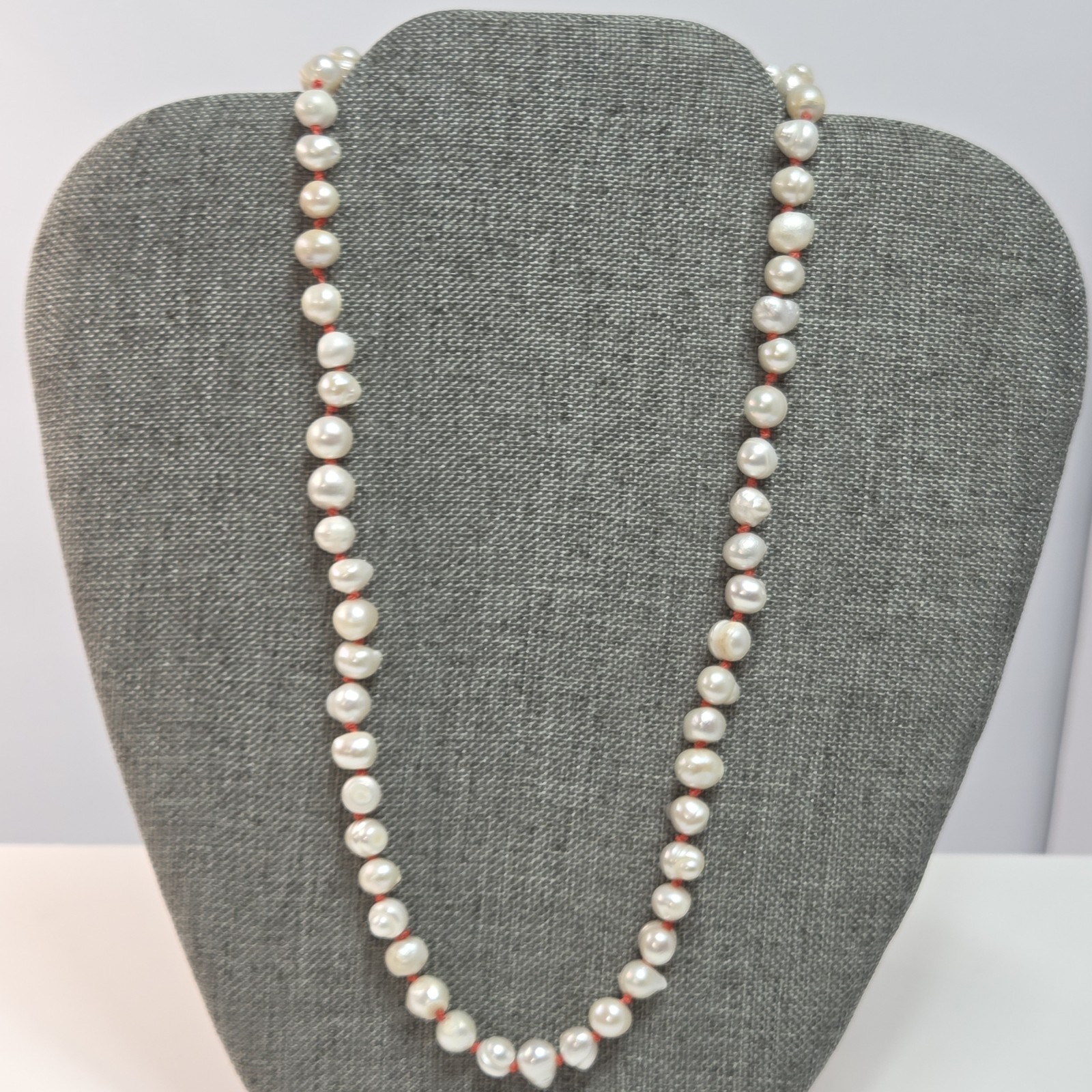freshwater pearl necklace on silk cord 5-7mm goldtone clasp 36in nautical beachy