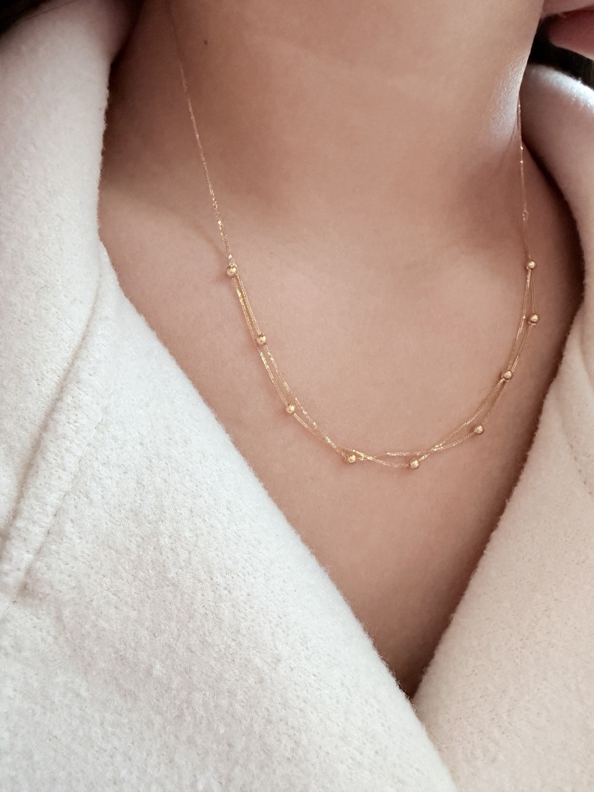 18K Real Gold Station Beads Dainty thin Necklace – Double Layer Size 17