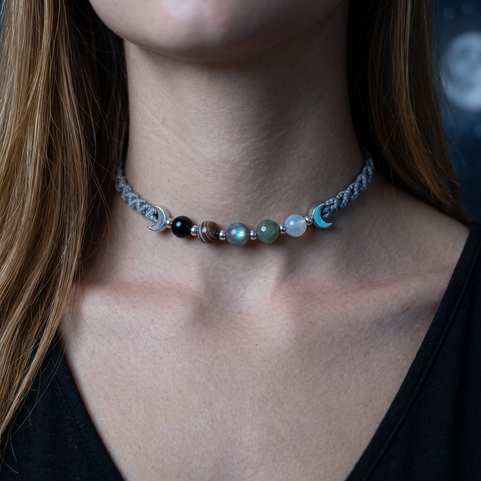 Moon Phase Choker Boho Crystal Braided Necklace Silver Crescent Wiccan Jewelry