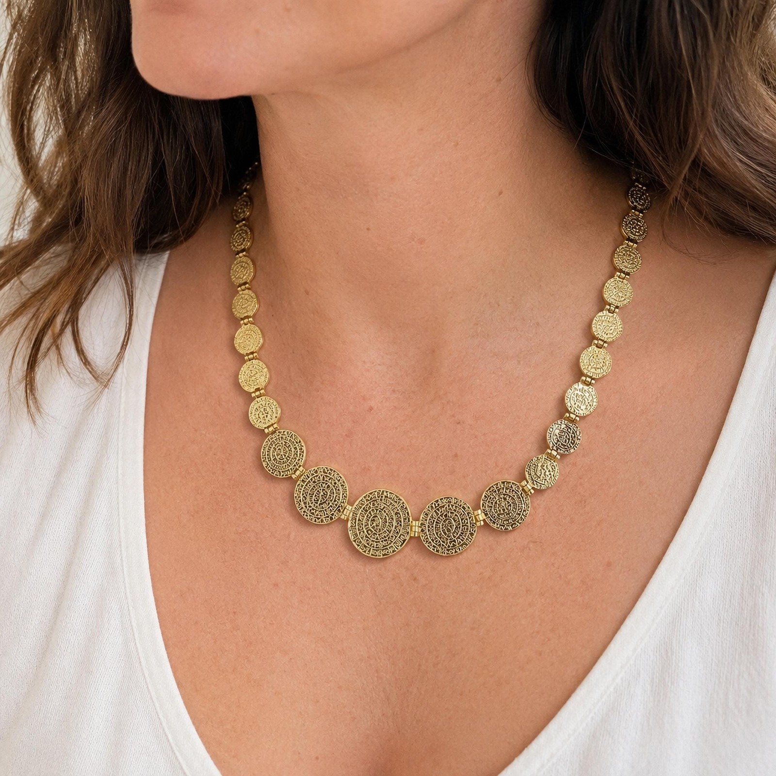 Phaistos Disc Sterling Silver Necklace, Greek Statement Collar, Graduated