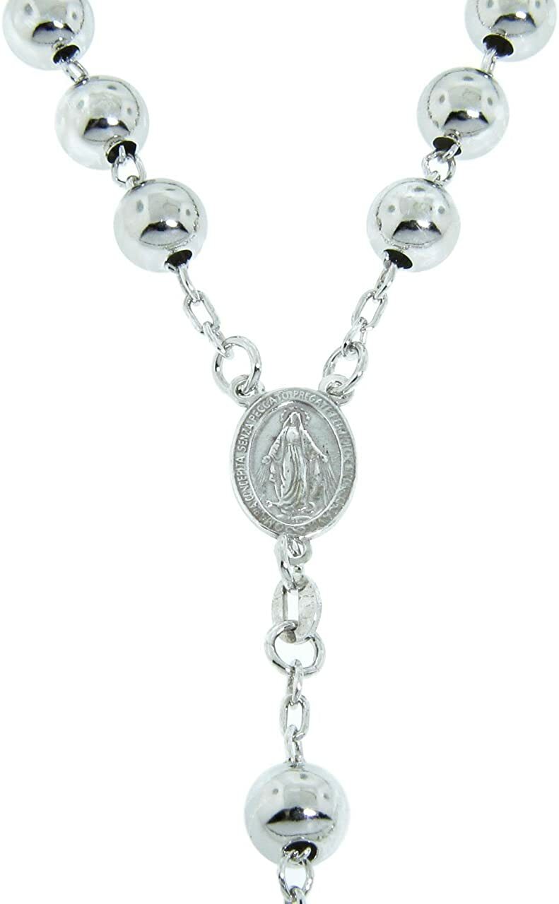 6mm 24″ Italian Rosary Cross Chain Necklace Real Solid 925 Sterling Silver
