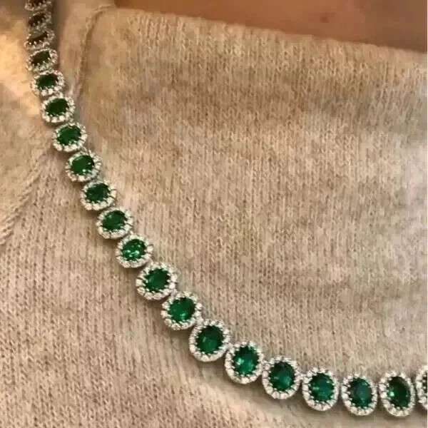 17Ct Oval Cut Lab Created Emerald Women’s Tennis Necklace 14K White Gold Plated