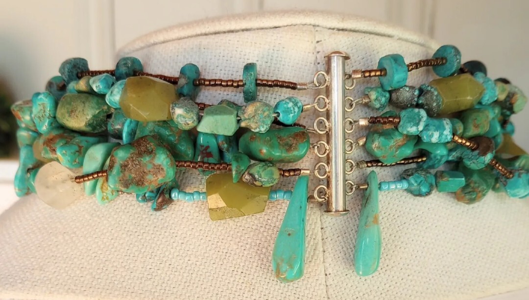 Vintage ? Native American ?Stone Bead Choker 6Row Necklace Turquoise Nuggets 925
