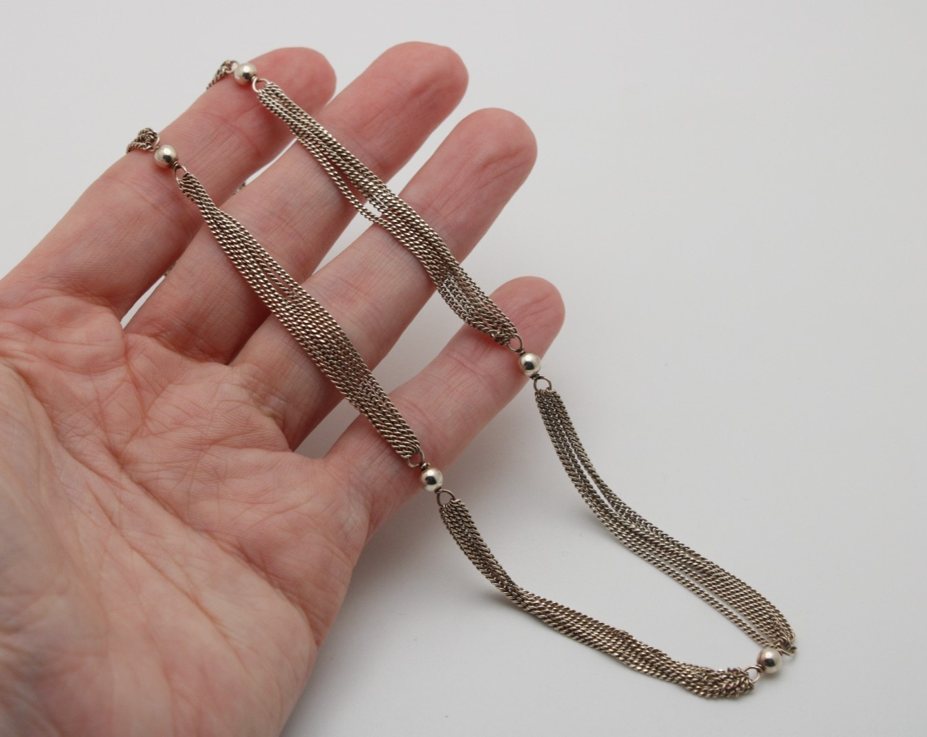 Vintage 925 Sterling Silver Italy Ball Bead Multi Curb Chain Station Necklace