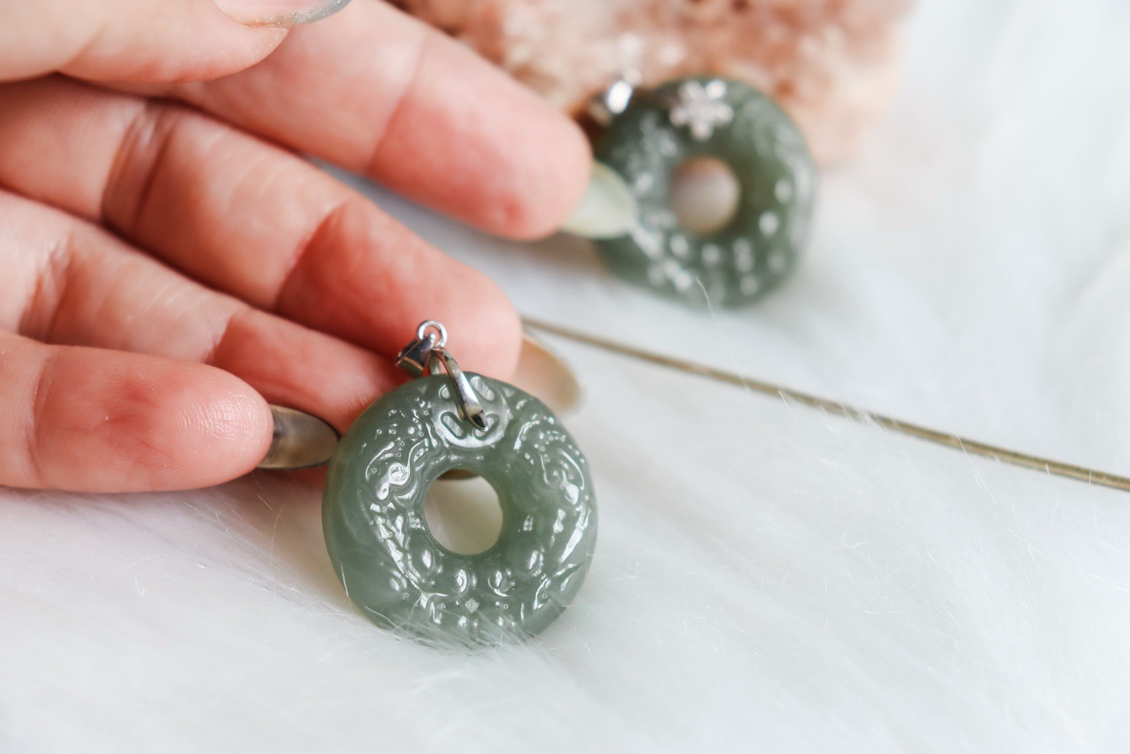 Hetian jade donut Pendant Double pixiu carving S925 Sterling Silver Zircon Clasp
